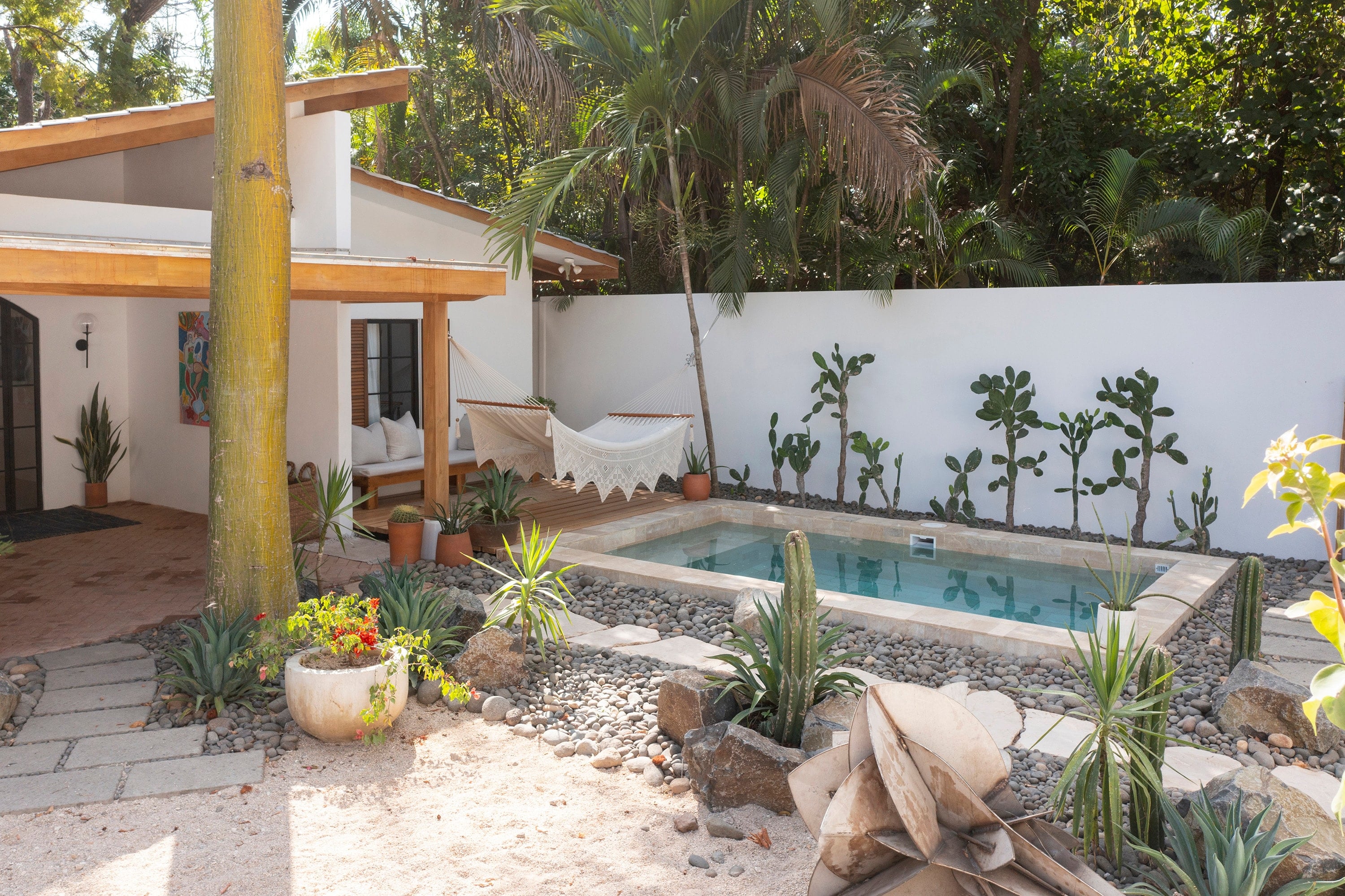 Single-storey house with a pool and a cactus garden.