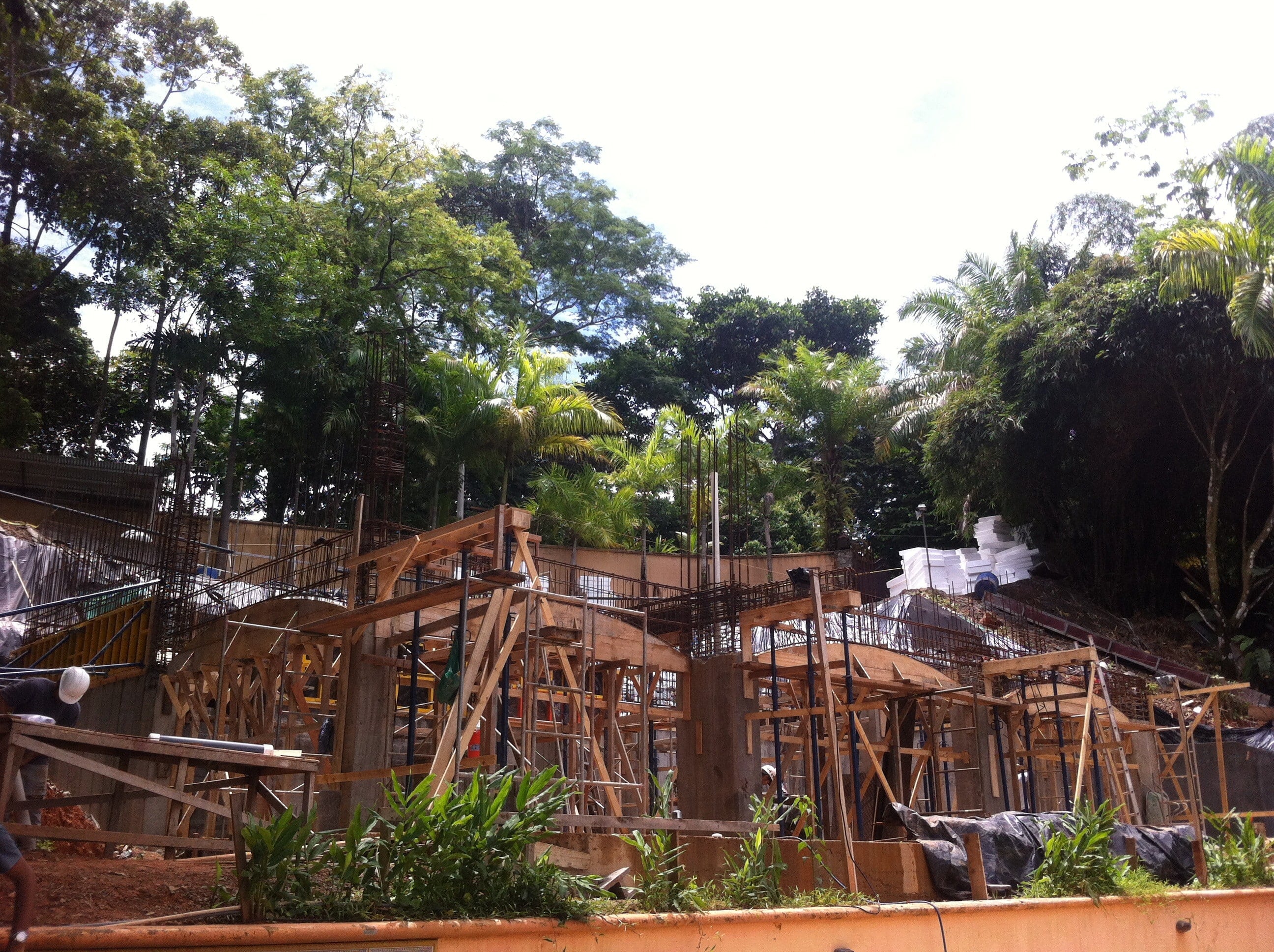 Structure under construction with formwork and reinforcing steel amid vegetation.